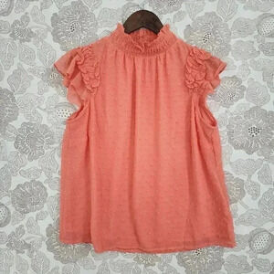 CeCe Womens Coral Ruffle Sleeve Smocked Neck Blouse Top - M